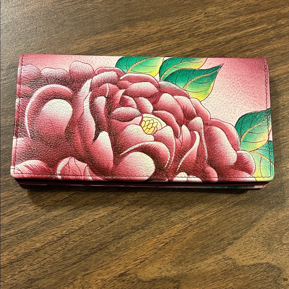 Anuschka Hand-Painted Floral Leather Wallet in Pink and Green